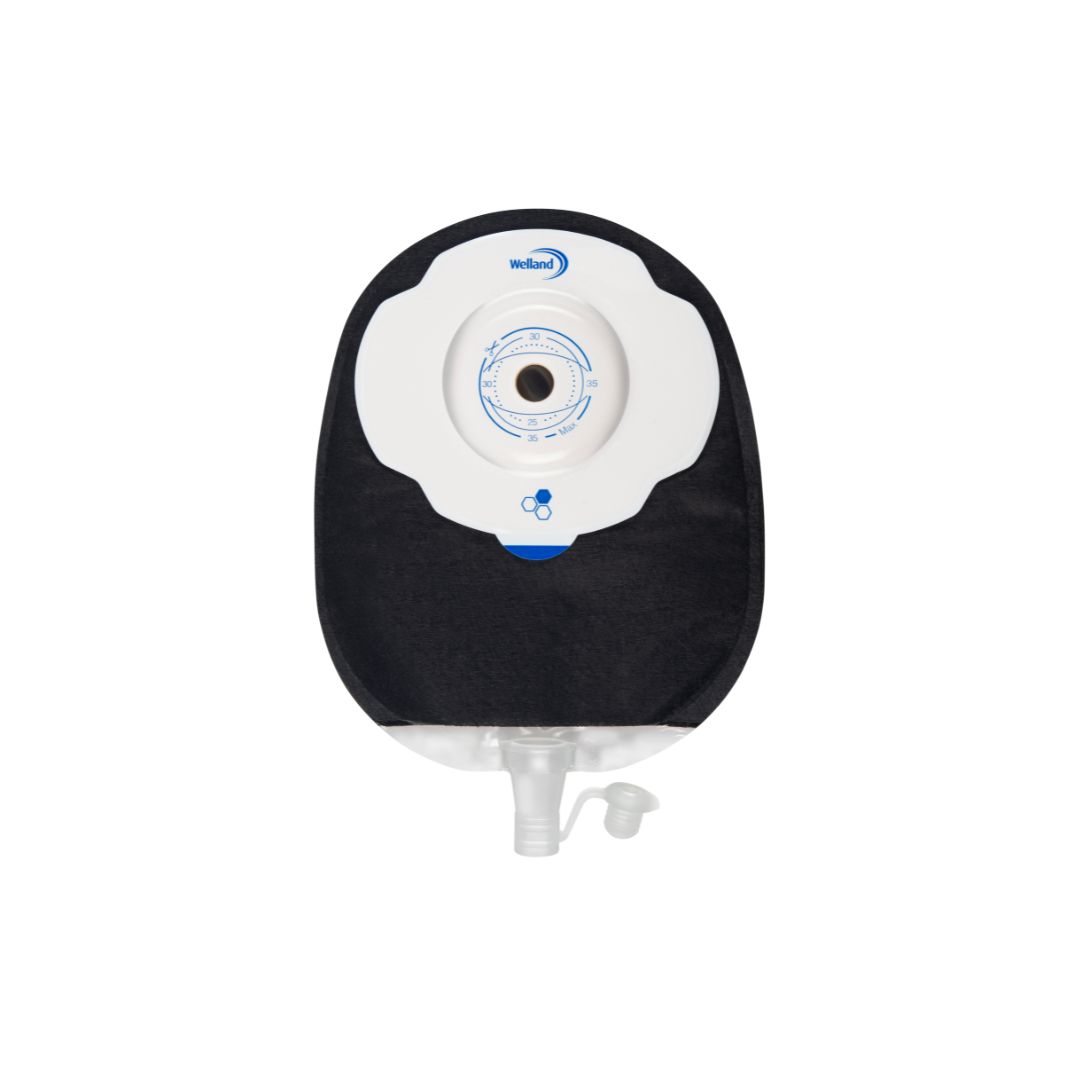 A black Aura Plus Soft Convex urostomy bag