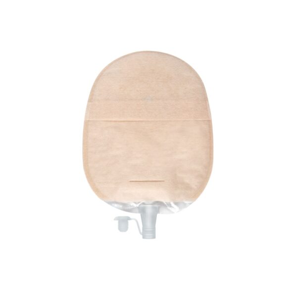 The back of a sand Aura Plus urostomy bag