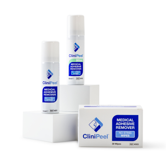 CliniPeel Medical Adhesive Remover range including spray, mint spray and wipes box.