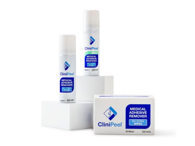 A can of CliniPeel Mint spray, a can of CliniPeel spray and a box of CliniPeel wipes with packaging.