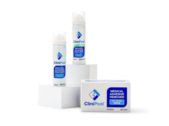 A can of CliniPeel Mint spray, a can of CliniPeel spray and a box of CliniPeel wipes.