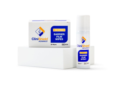 Photo of a box of CliniShield Advance wipe sachets on a white box and a can of CliniShield Advance barrier film spray next to it.