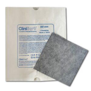A CliniSorb dressing on top of it's packaging