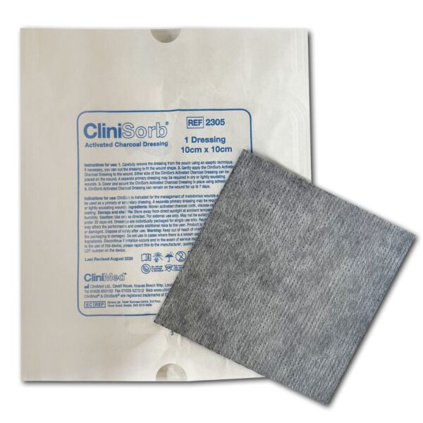 A CliniSorb dressing on top of it's packaging