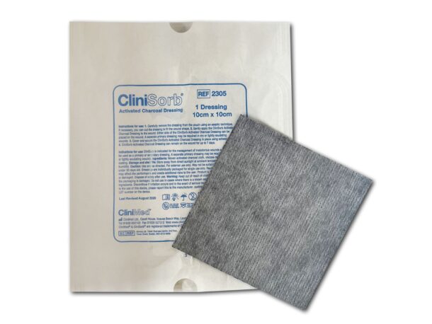 A CliniSorb dressing on top of it's packaging
