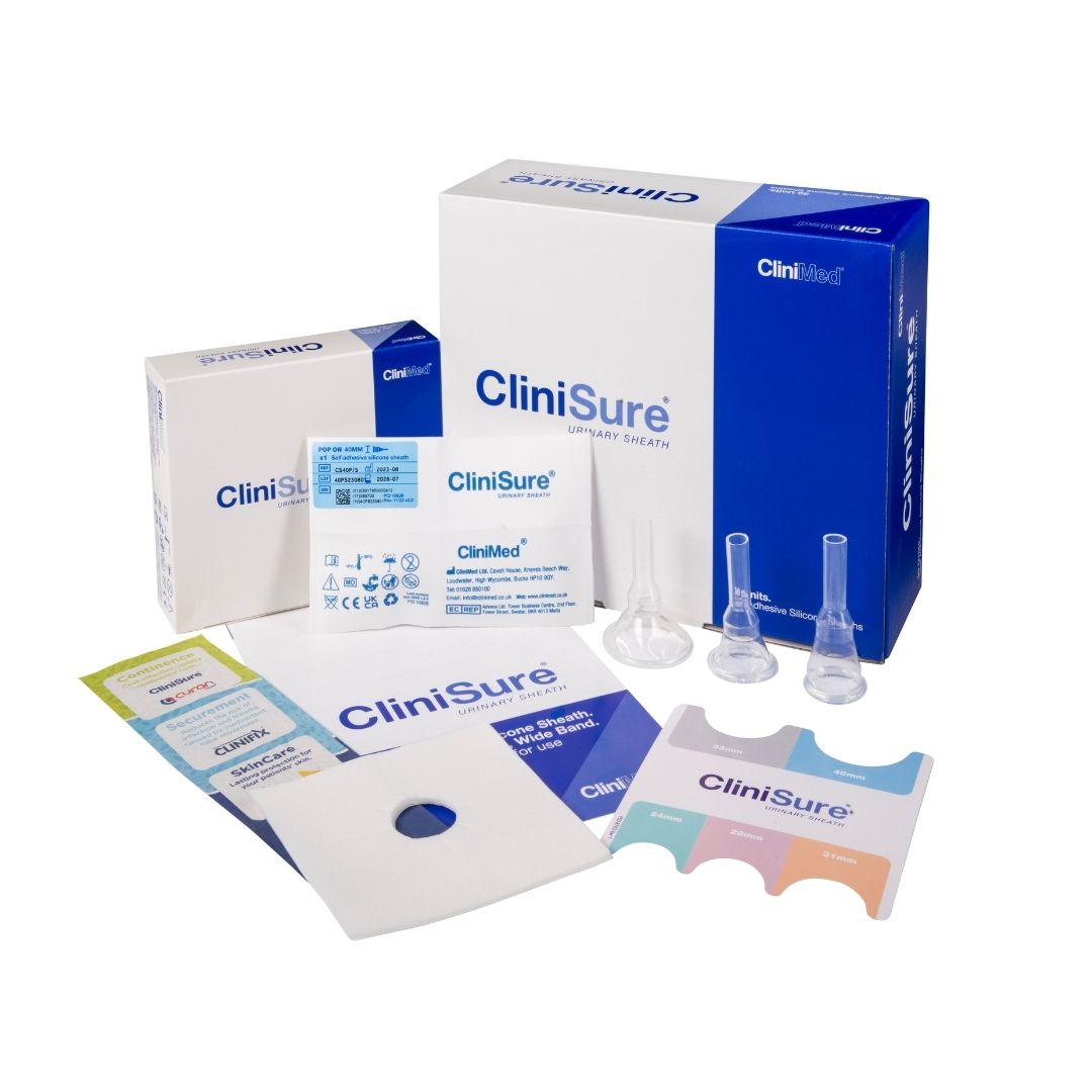 CliniSure urinary sheaths with packaging, hair protector and measuring guide