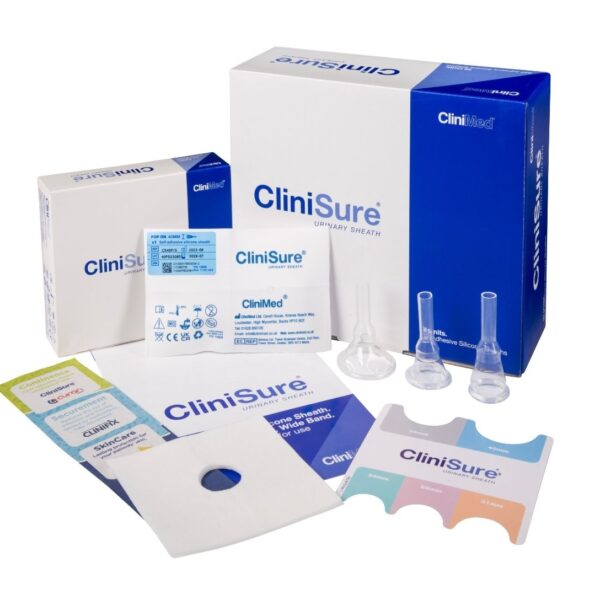 CliniSure urinary sheaths with packaging, hair protector and measuring guide