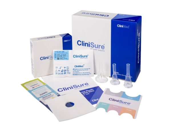 CliniSure urinary sheaths with packaging, hair protector and measuring guide