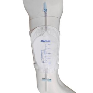 A CliniSure leg bag attached to a mannequin leg
