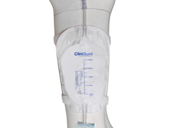 A CliniSure leg bag with straps attached to a mannequin leg