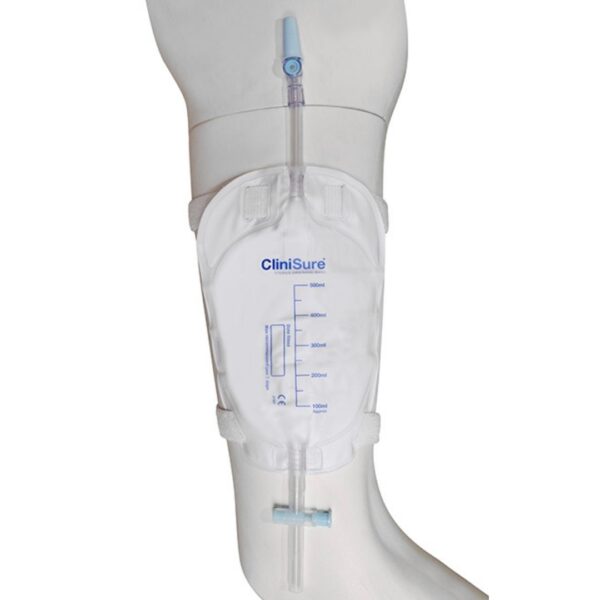 A CliniSure leg bag attached to a mannequin leg