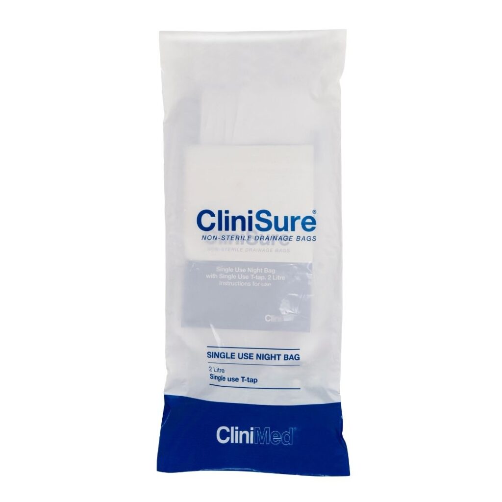 A CliniSure non-sterile night drainage bag in its packaging