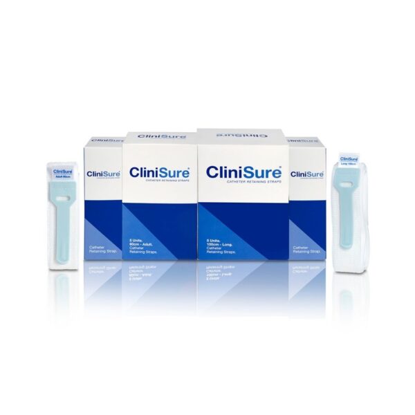 CliniSure catheter retaining straps boxes and products out of boxes