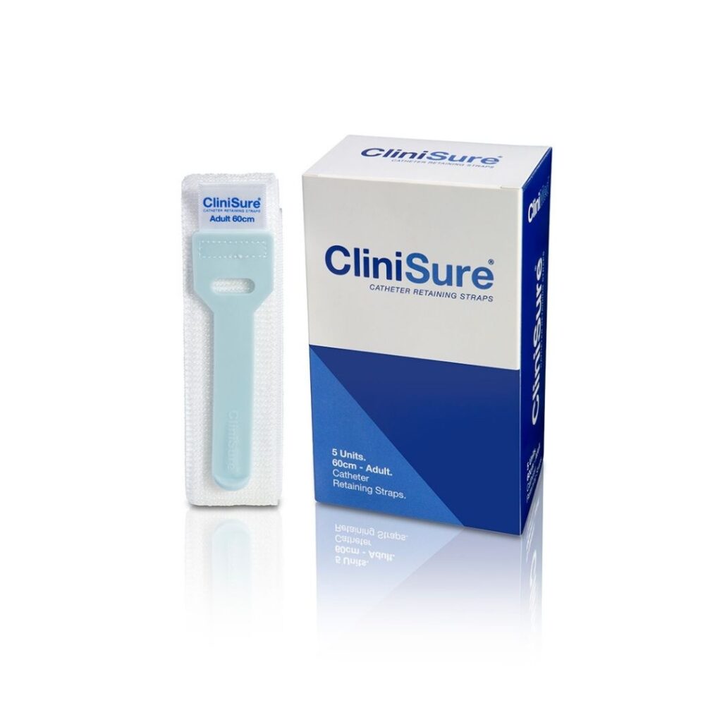 CliniSure catheter retaining straps box and product next to the box