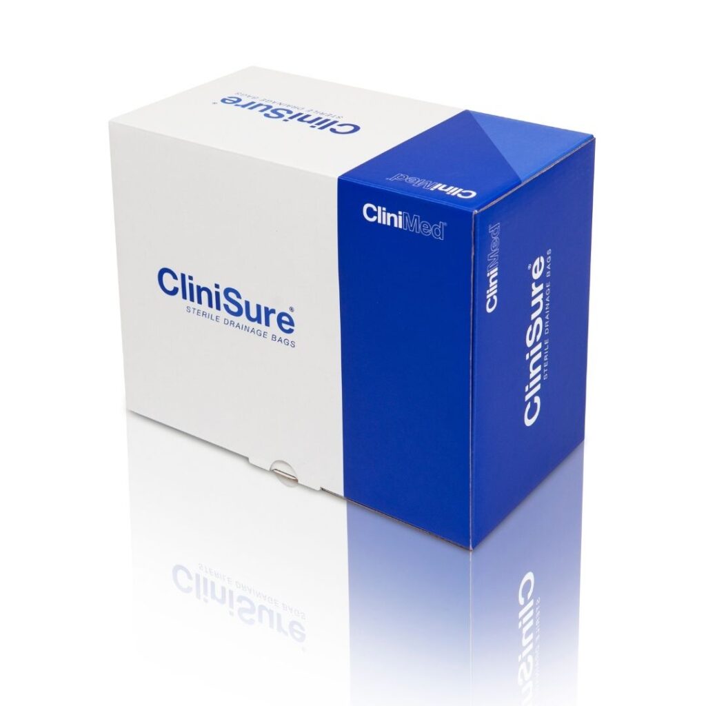 A closed box of CliniSure Sterile Leg Bags