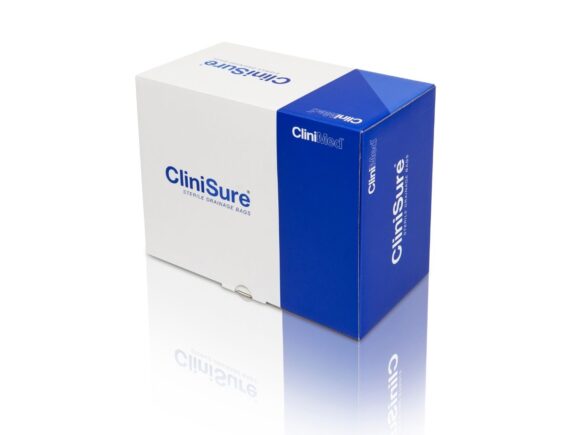 A closed box of CliniSure Sterile Leg Bags