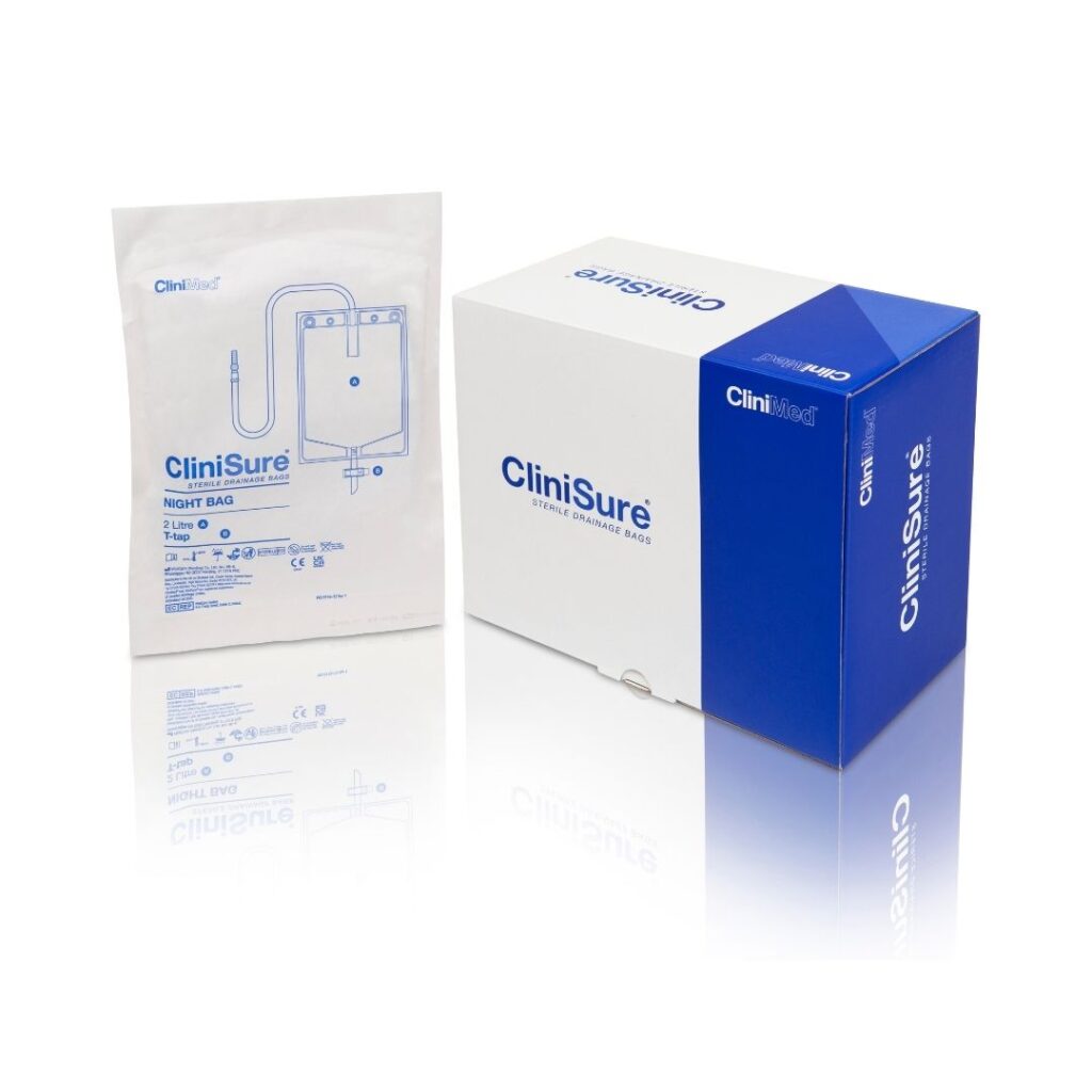 A CliniSure Sterile Night drainage bag in its packaging next to its box