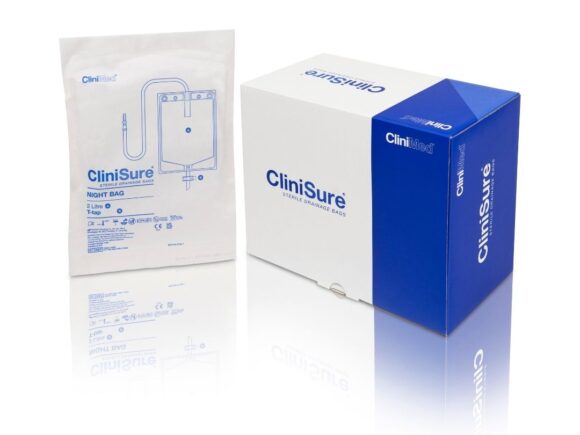 A CliniSure Sterile Night drainage bag in its packaging next to its box