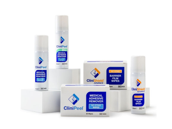 A can of CliniPeel Mint spray, a can of CliniPeel spray, a box of CliniPeel wipes, a box of CliniShield Advance wipes and a can of CliniShield Advance spray with their packaging.