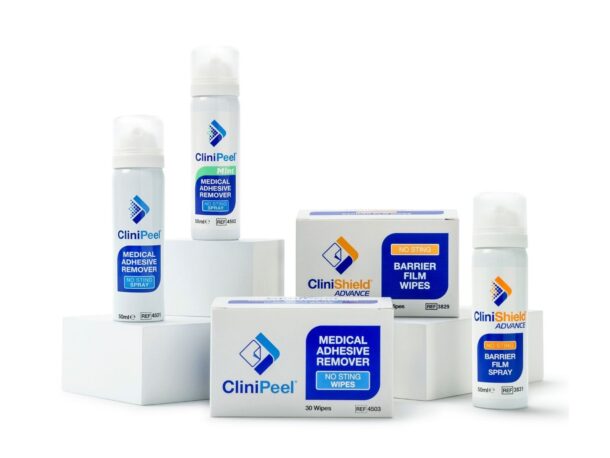 A can of CliniPeel Mint spray, a can of CliniPeel spray, a box of CliniPeel wipes, a box of CliniShield Advance wipes and a can of CliniShield Advance spray.