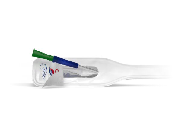 A Curan Advantage Male Catheter pulled part way out of its packaging.