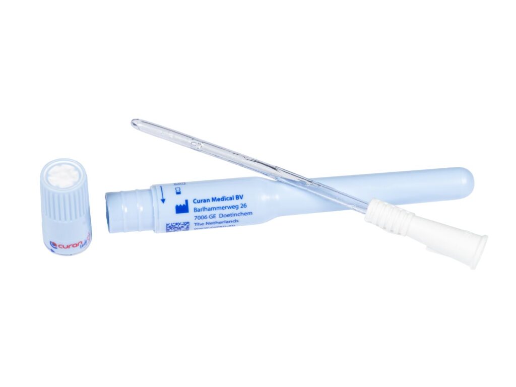 Curan Lady catheter opened up showing the inside of the catheter and the gel