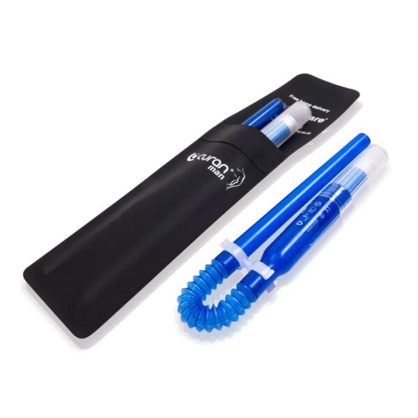 A folded Curan Man catheter in an open black Curan Man pouch and a closed Curan Man pouch.
