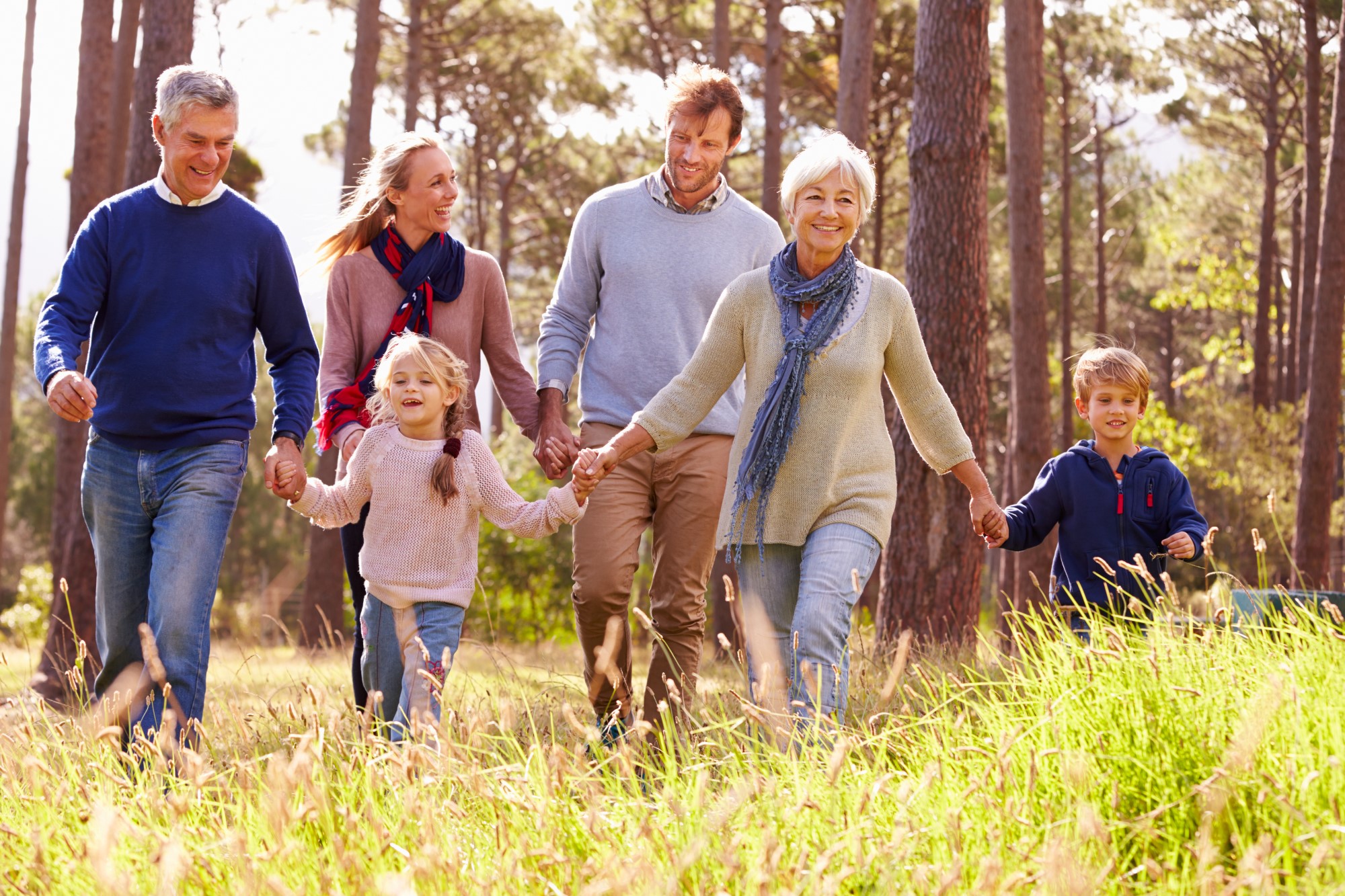 A family walk through woodland, the grandparents lead the way holding the children's hands while the parents walk behind.