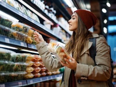 A woman looks at boxes of prepared salad and fruits on the shelves of a supermarket.