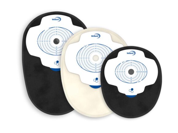 Three sizes of Aura Plus closed stoma bags in black and sand.