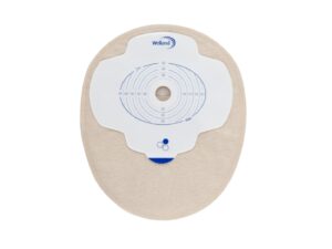 Aura Plus sand mini flat closed stoma bag.