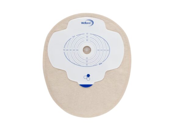 Aura Plus sand mini flat closed stoma bag.
