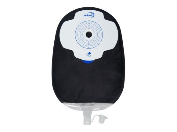 A black Aura Plus Soft Convex urostomy bag