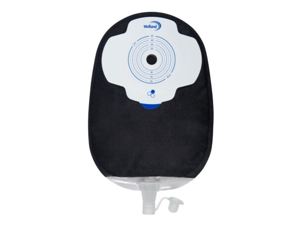 A black Aura Plus Soft Convex urostomy bag