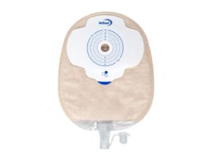 A sand Aura Plus Soft Convex urostomy bag