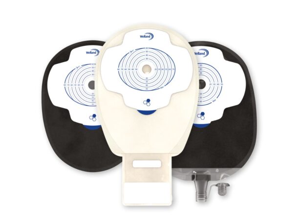 Three Aura Plus stoma bags, a black closed bag, a sand drainable bag and a black urostomy bag.