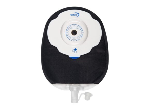 A black Aura Plus Soft Convex urostomy bag
