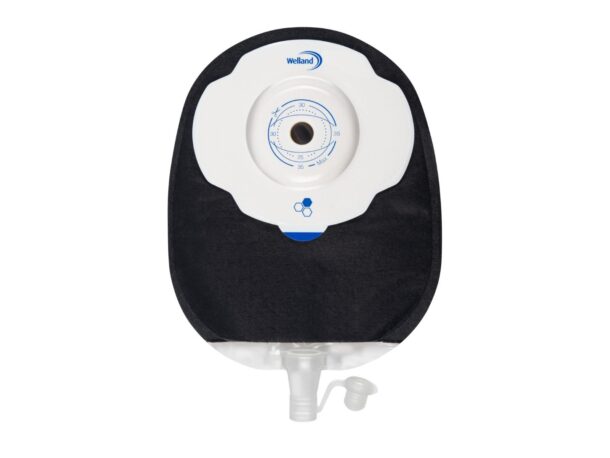 A black Aura Plus Soft Convex urostomy bag