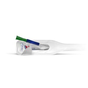 A Curan Advantage Male Catheter pulled part way out of its packaging.