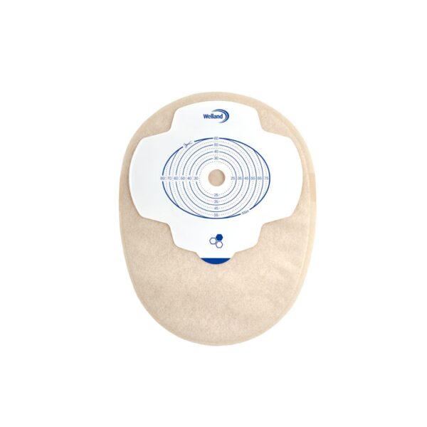 A sand Aura Plus closed stoma bag