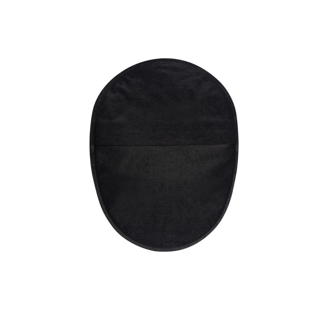 The back of a black Aura Plus closed stoma bag.
