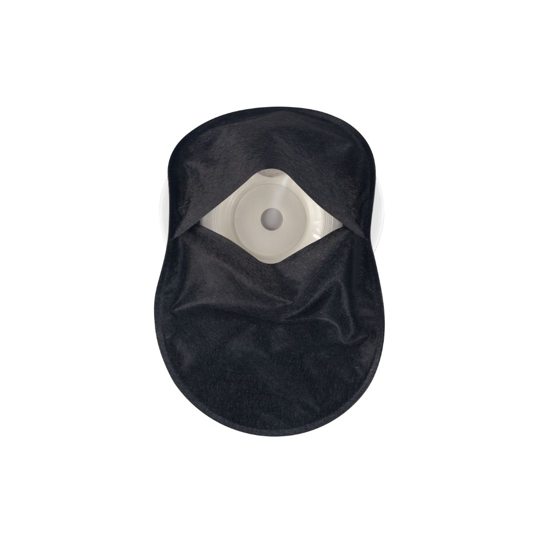 The split back cover of a black Aura Plus closed stoma bag