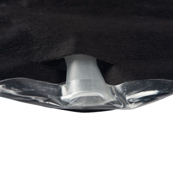The tap of a black Aura Plus urostomy bag folded away