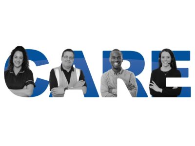 The word care written in upper case with a member of staff standing in each of the letters