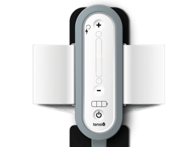 Tensi+ device showing the front controls of the unit and the comfortable, elasticated leg strap.
