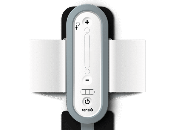 Tensi+ device showing the front controls of the unit and the comfortable, elasticated leg strap.