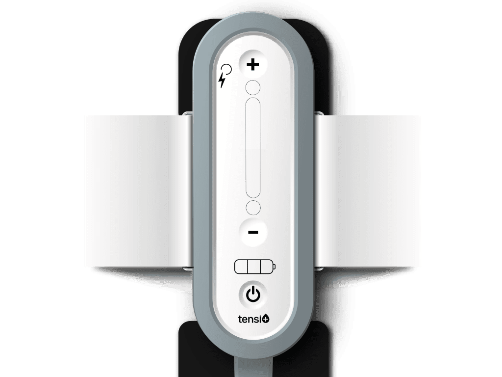 Tensi+ device showing the front controls of the unit and the comfortable, elasticated leg strap.