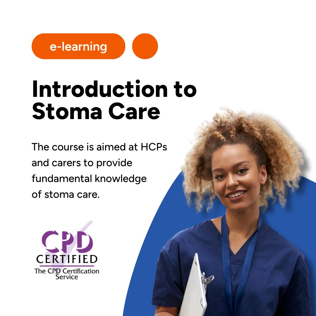 Photo of a nurse smiling alongside course title 'Introduction to Stoma Care' with the CPD Certified logo.