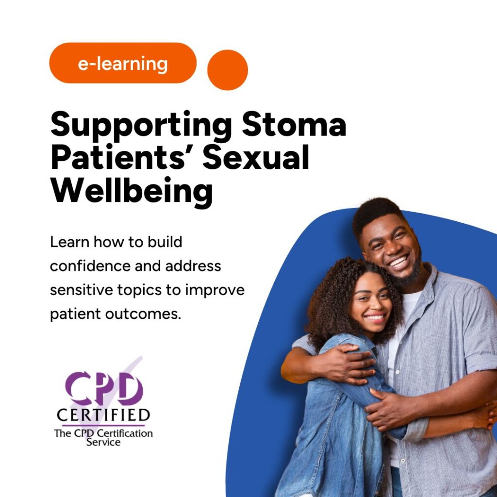Photo of a man and a woman hugging, alongside course title 'Supporting Stoma Patients' Sexual Wellbeing' with the CPD Certified logo.