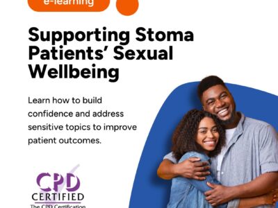 Photo of a man and a woman hugging, alongside course title 'Supporting Stoma Patients' Sexual Wellbeing' with the CPD Certified logo.
